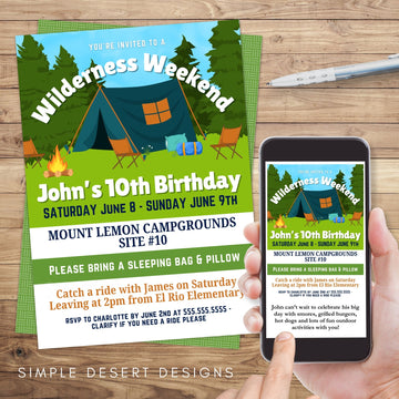 fun colorful camping party invitation for birthdays or group camping trips